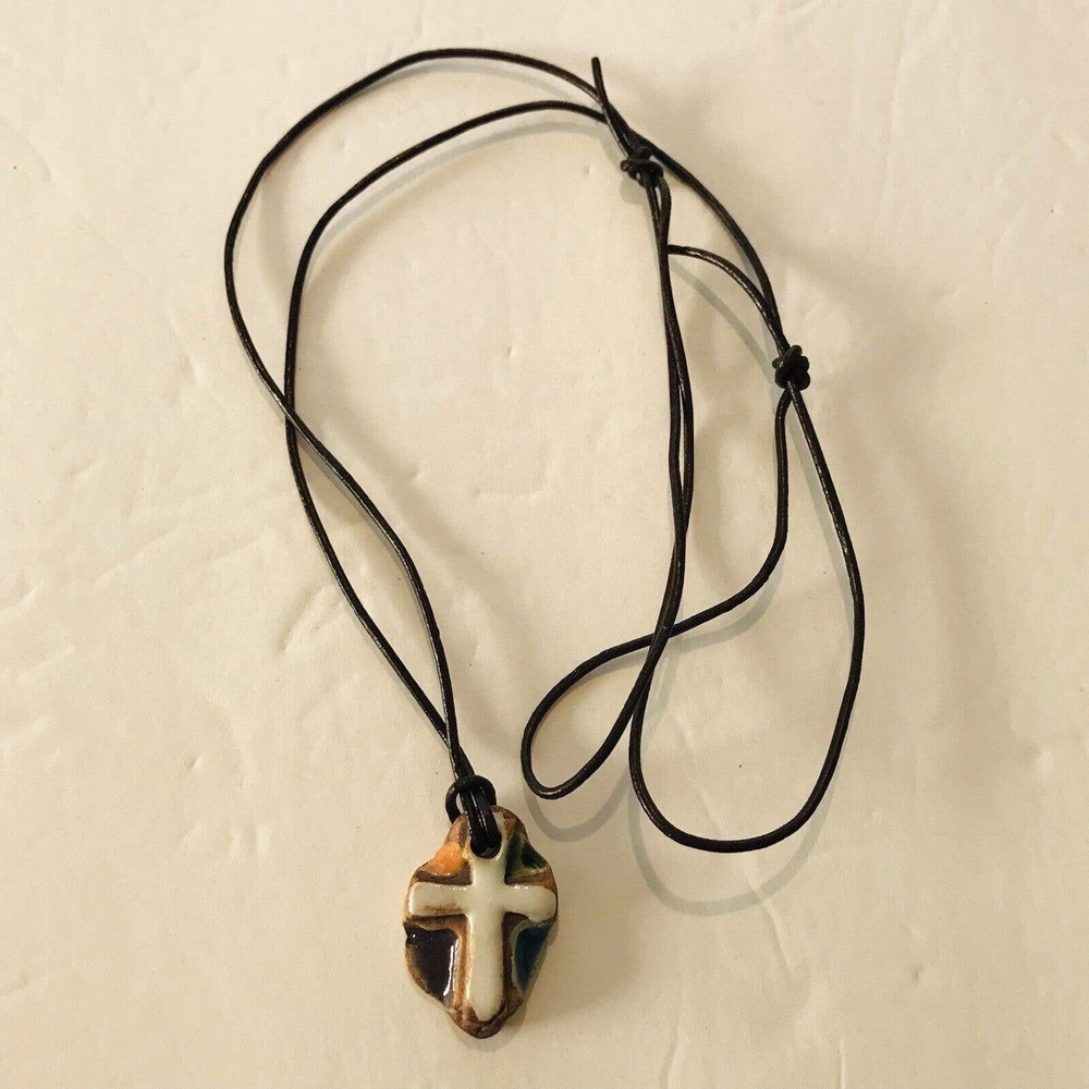 Necklace‎ Cross Charm Clay Multi Color Handmade Brown Adjustable Rope Chain